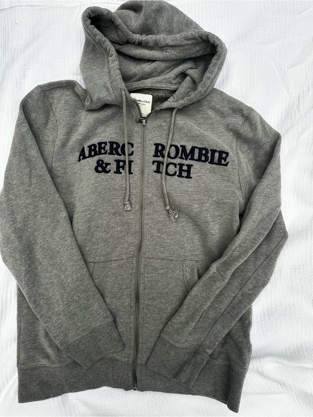 Abercrombie & Fitch Light Gray Zip Hoodie with Navy Lettering